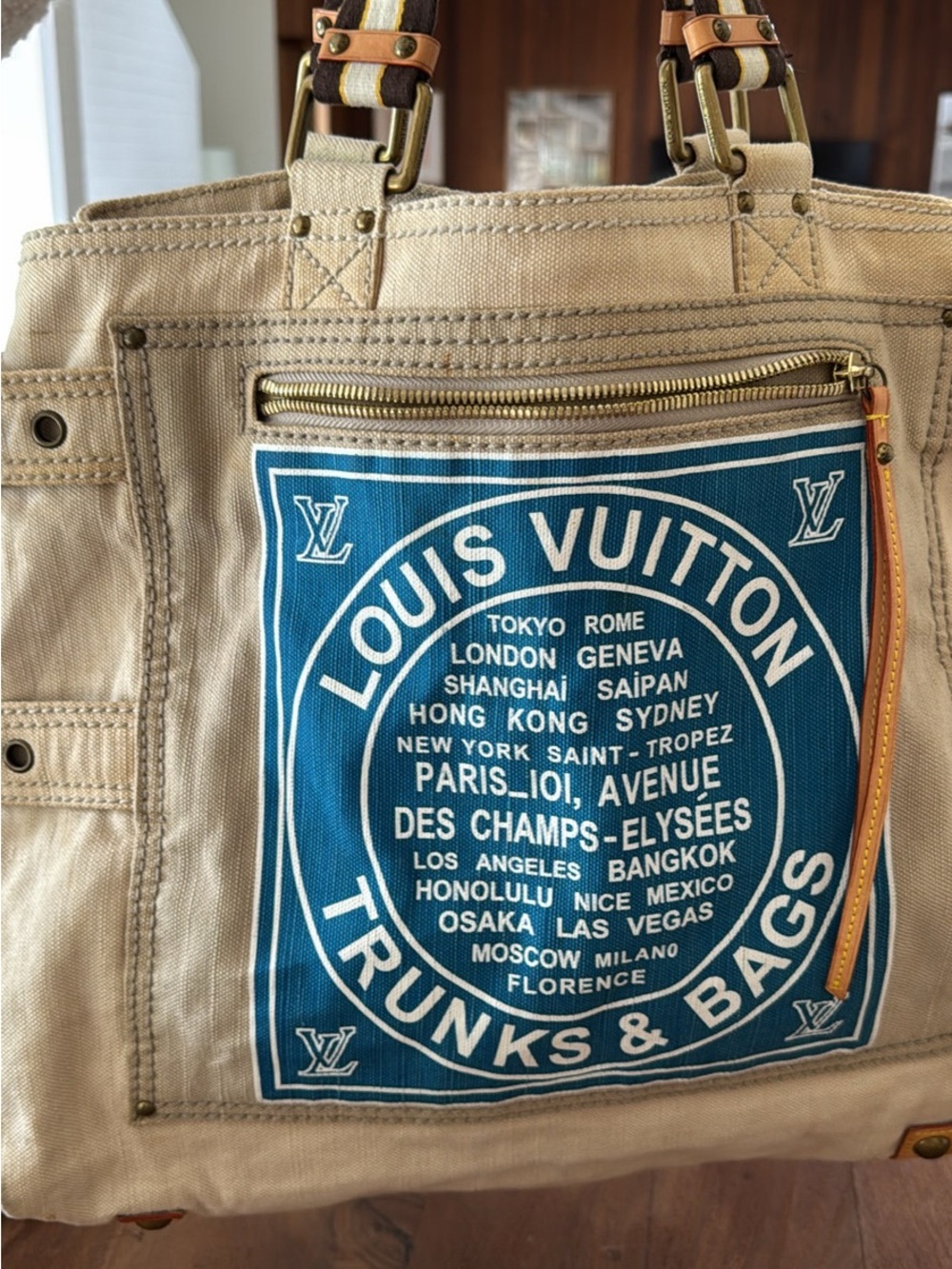 Louis Vuitton Cream and Blue Canvas Tote Globe Shopper Cabas MM